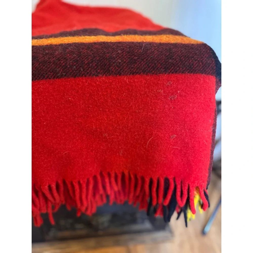 Vintage Chippewa Woolen Mills Red Plaid Wool Blanket Fringe 54x56 Made in USA
